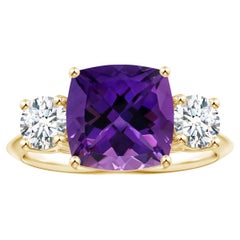 ANGARA 3-Stone GIA Certified Cushion Amethyst Ring in Yellow Gold with Diamonds