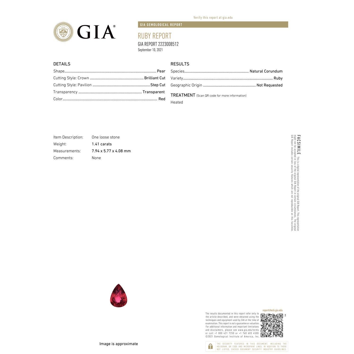 En vente :  ANGARA - Bague solitaire en platine sertie d'un rubis en forme de poire certifié GIA 3