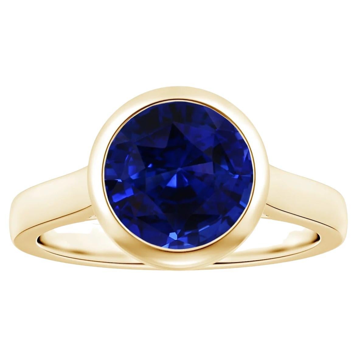 Angara Bezel-Set GIA Certified Round Blue Sapphire Solitaire Yellow Gold Ring 