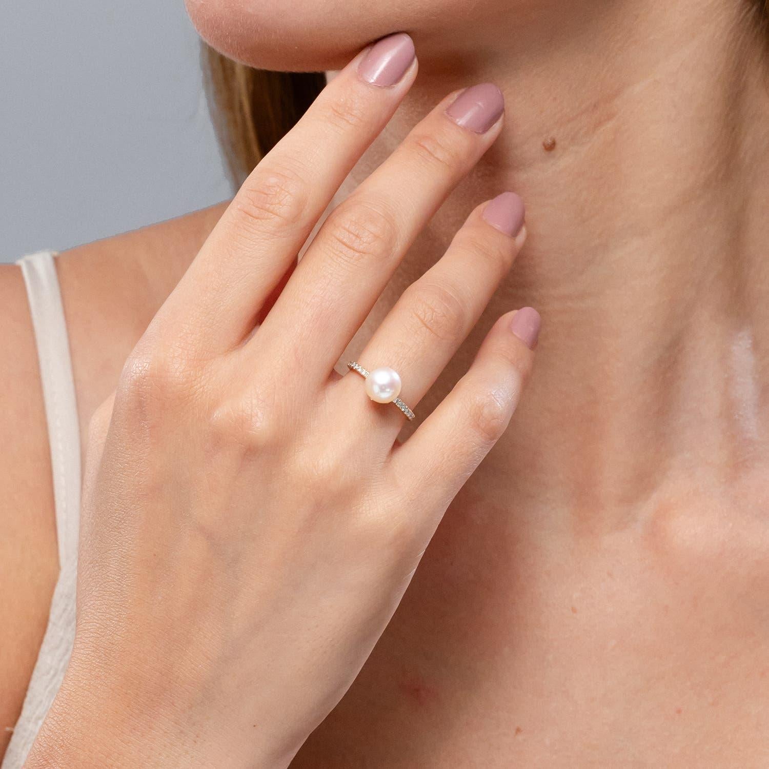 Round Cut Angara Classic Freshwater Cultured Pearl & Diamond Solitaire Ring in 14K Gold For Sale