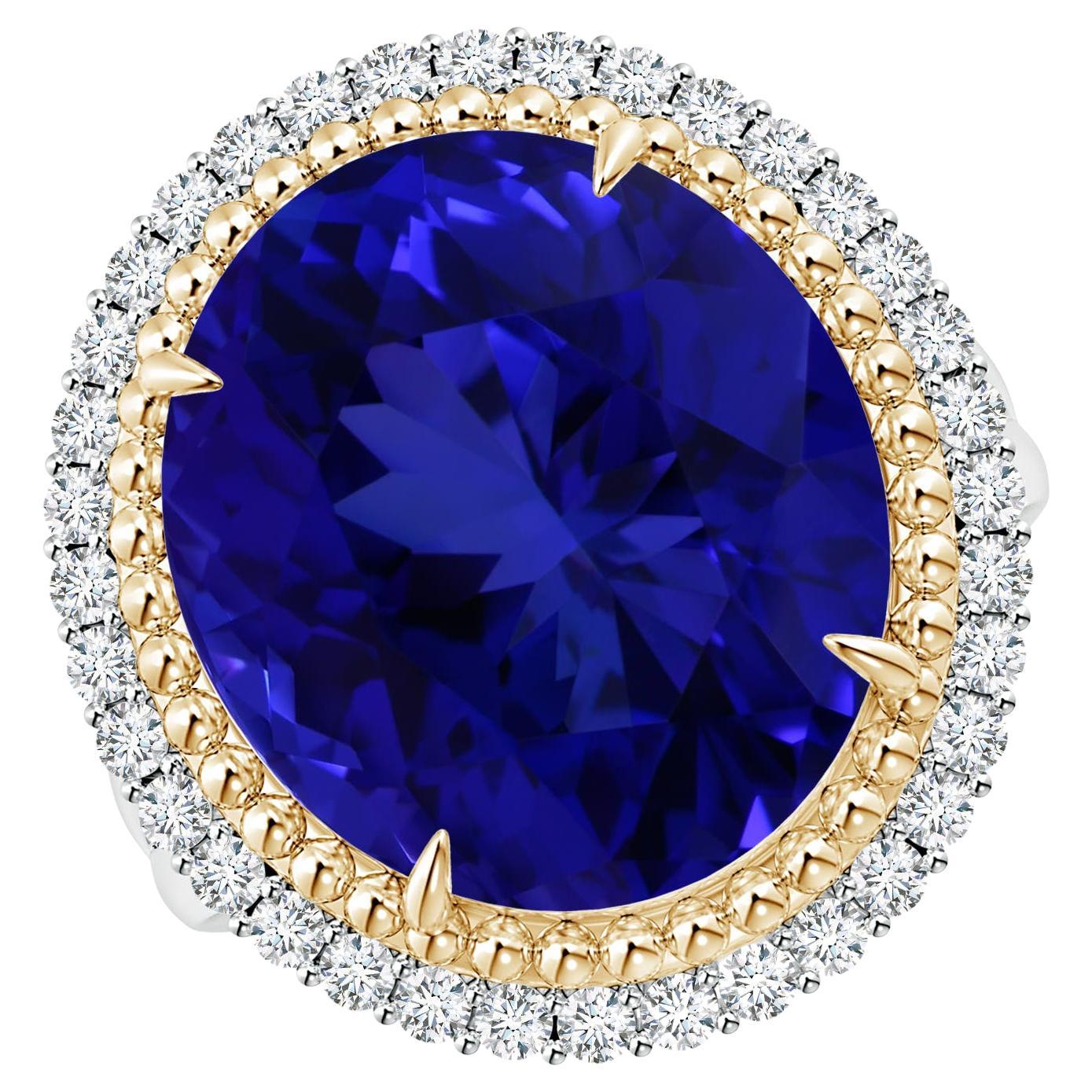 For Sale:  Angara Claw-Set GIA Certified Oval Tanzanite Floral Halo Ring in Yellow Gold