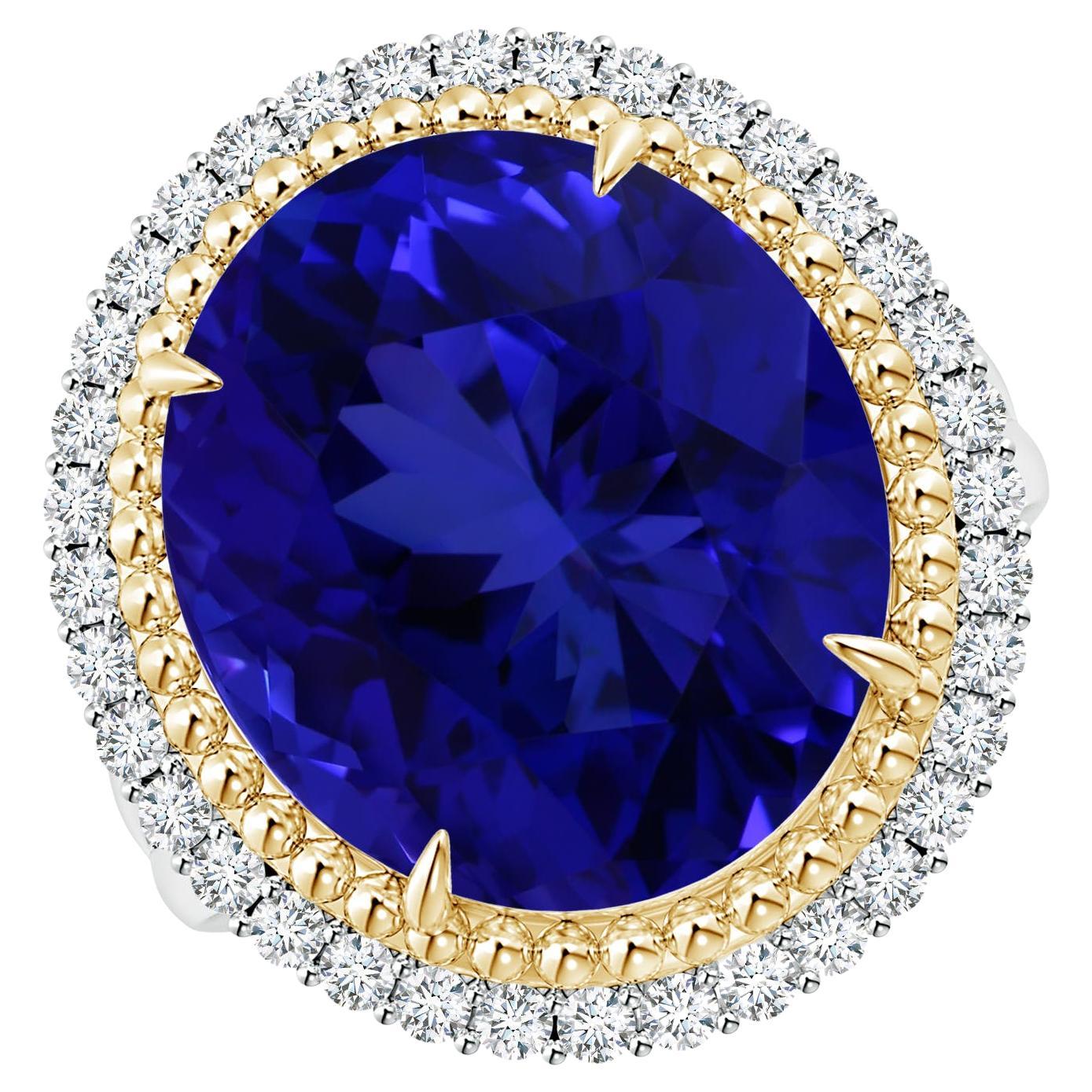 For Sale:  Angara Claw-Set GIA Certified Oval Tanzanite Floral Halo Ring in Yellow Gold