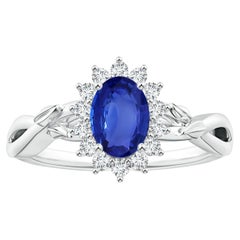 Angara Diana GIA Certified Natural Blue Sapphire Ring in White Gold with Halo