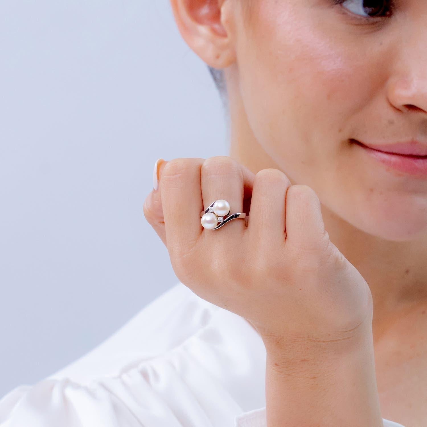 Modern Angara Double Freshwater Cultured Pearl Ring with Diamond Accents in 14K Gold For Sale