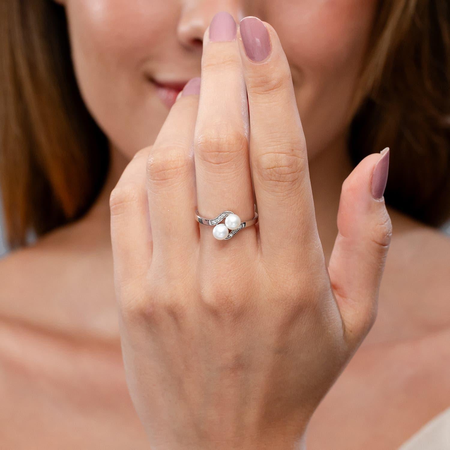 Modern Angara Dual Freshwater Cultured Pearl Ring with Diamond Accent in 14K Solid Gold For Sale