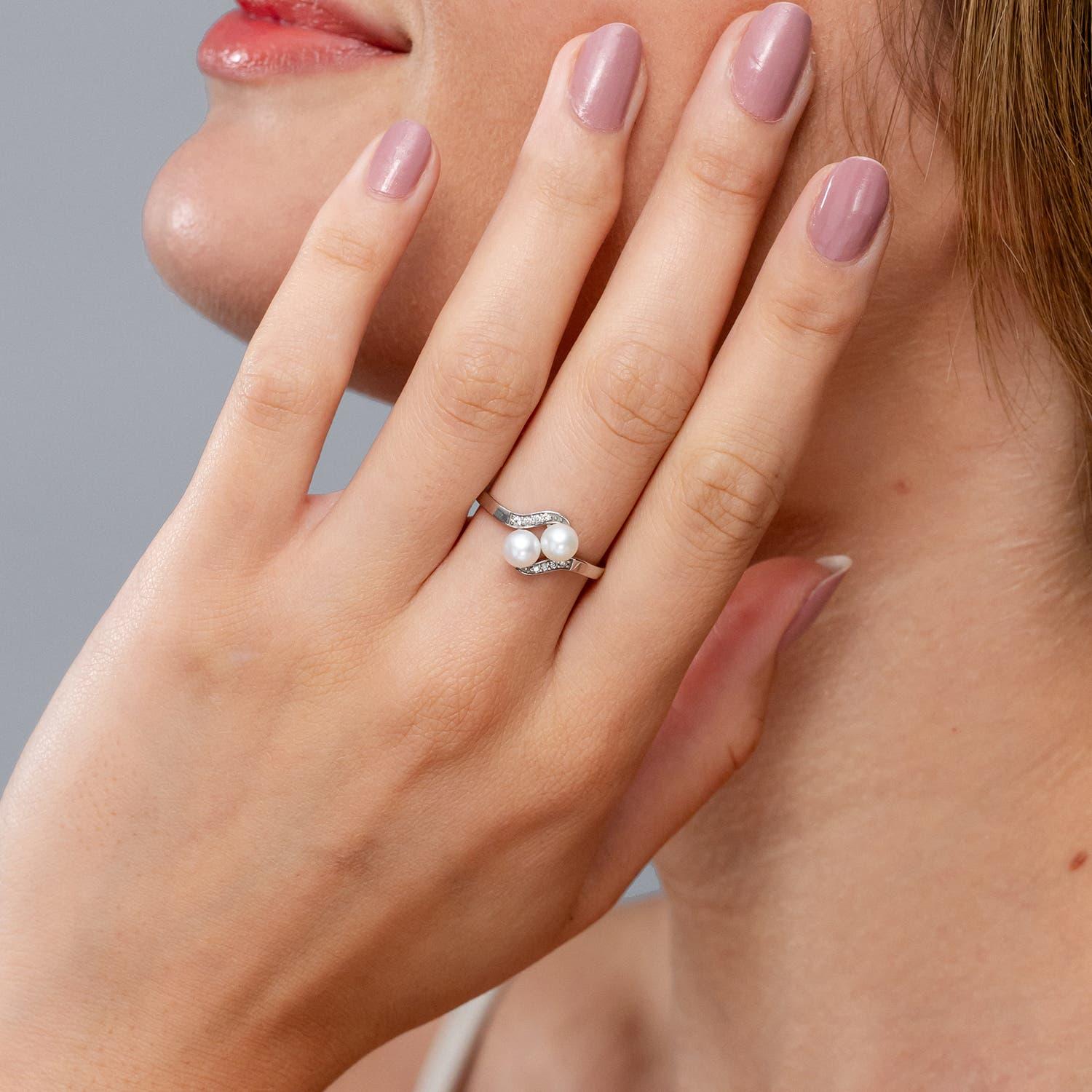 Round Cut Angara Dual Freshwater Cultured Pearl Ring with Diamond Accent in 14K Solid Gold For Sale