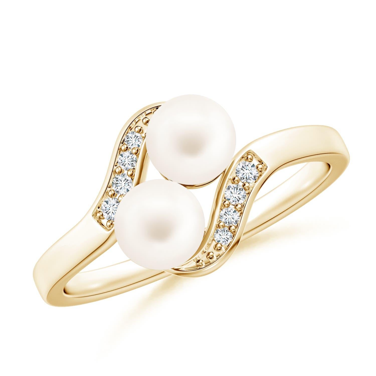 Angara Dual Freshwater Cultured Pearl Ring with Diamond Accent in 14K Solid Gold For Sale 2