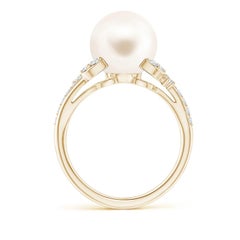 Angara Freshwater Cultured Pearl and Leaf Ring with Diamonds in 14K Solid Gold