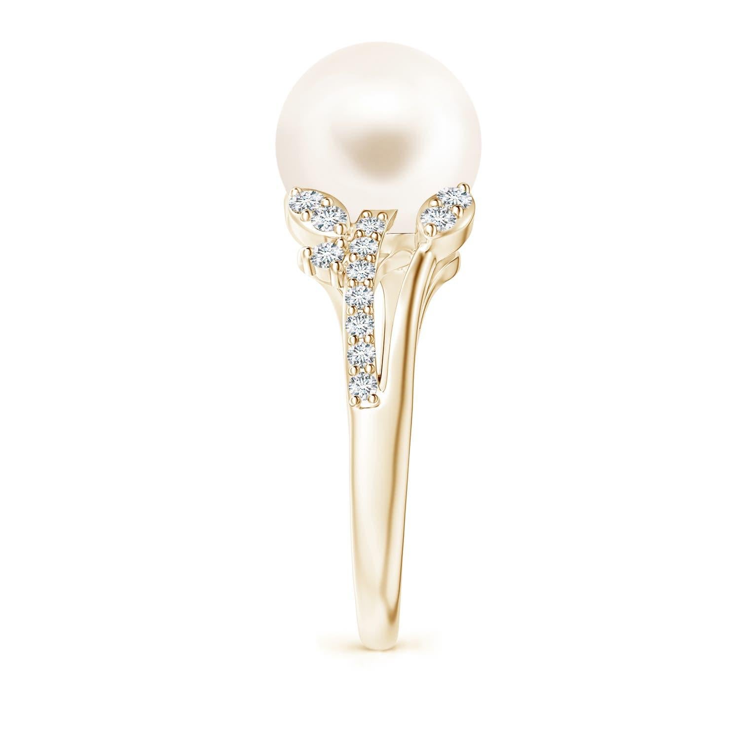 Round Cut Angara Freshwater Cultured Pearl and Leaf Ring with Diamonds in 14K Solid Gold For Sale
