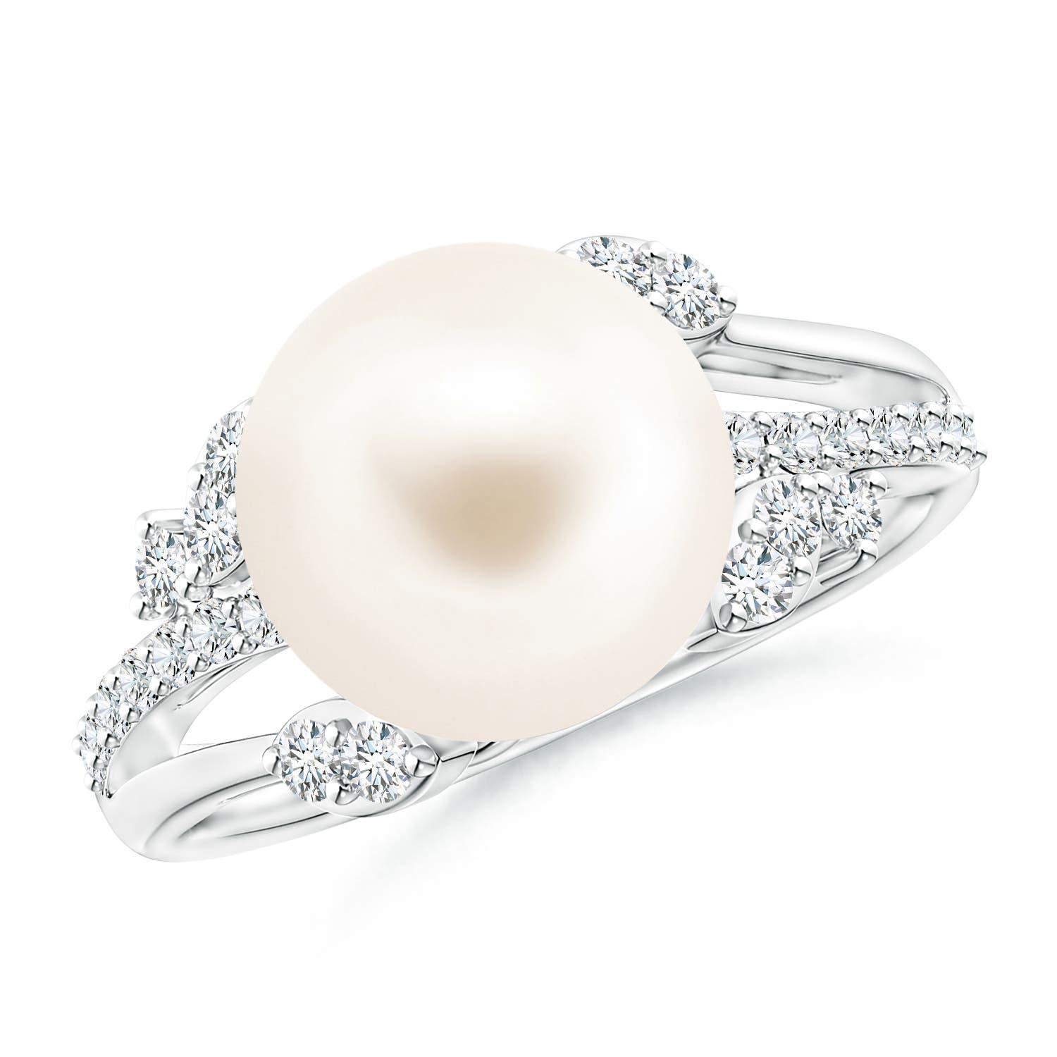 Angara Freshwater Cultured Pearl and Leaf Ring with Diamonds in 14K Solid Gold For Sale 1