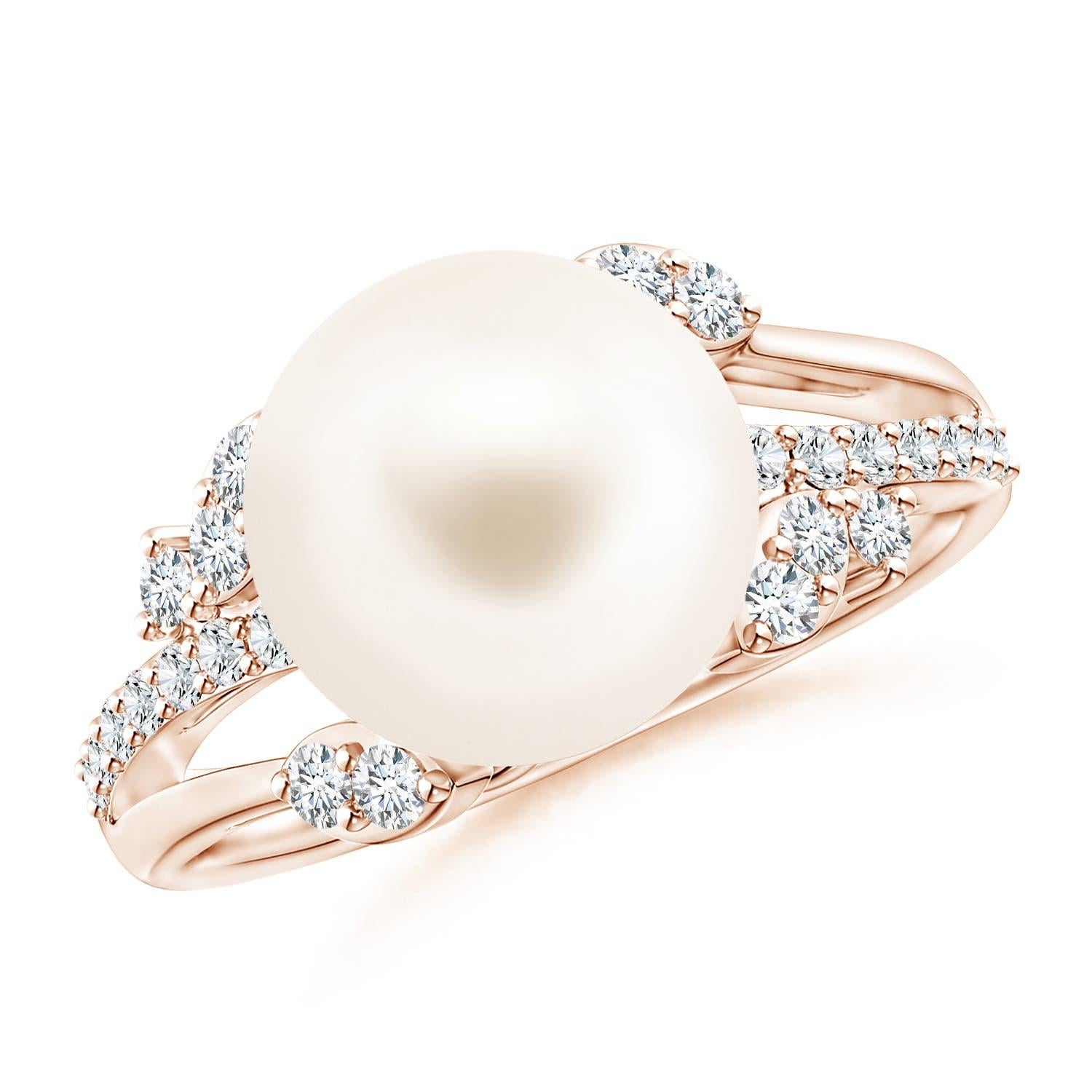 Angara Freshwater Cultured Pearl and Leaf Ring with Diamonds in 14K Solid Gold For Sale 2