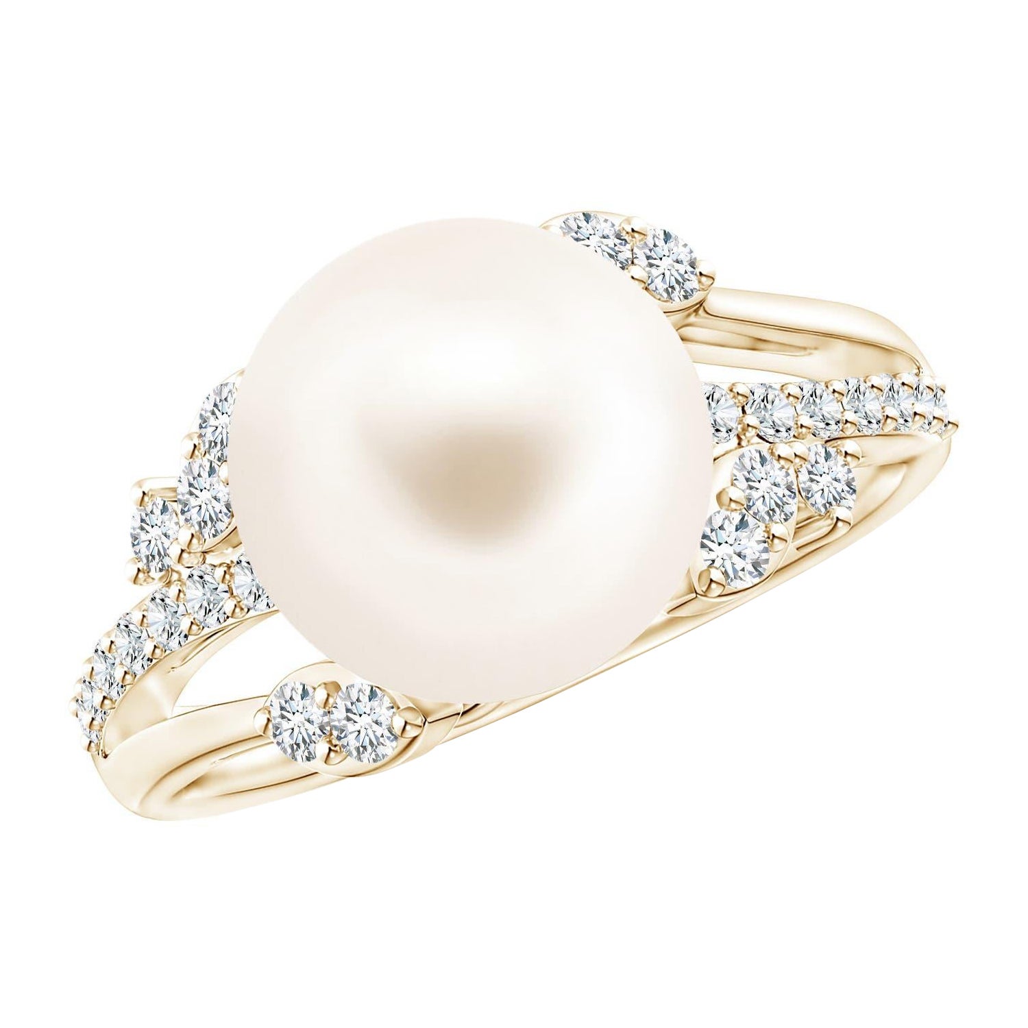 Angara Freshwater Cultured Pearl and Leaf Ring with Diamonds in 14K Solid Gold