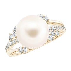 Angara Freshwater Cultured Pearl and Leaf Ring with Diamonds in 14K Solid Gold