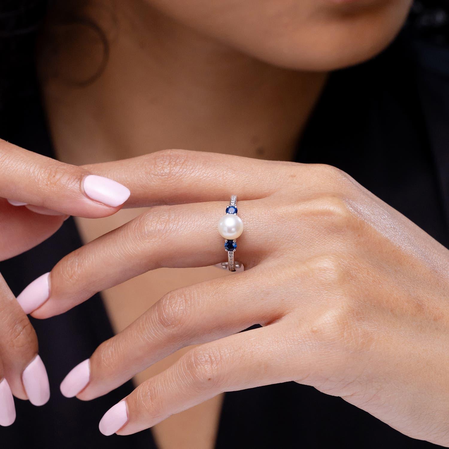 Modern Angara Freshwater Cultured Pearl & Blue Sapphire Engagement Ring in 14K Gold For Sale