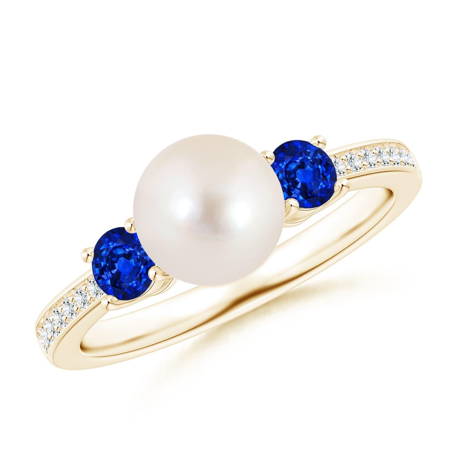 Angara Freshwater Cultured Pearl & Blue Sapphire Engagement Ring in 14K Gold For Sale 2