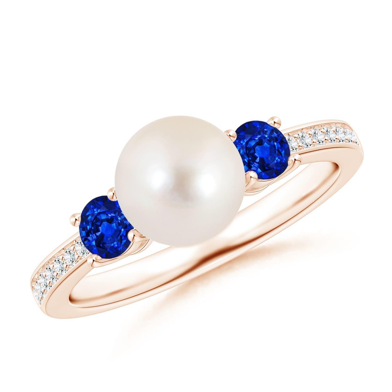 Angara Freshwater Cultured Pearl & Blue Sapphire Engagement Ring in 14K Gold For Sale 3