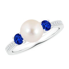 Angara Freshwater Cultured Pearl & Blue Sapphire Engagement Ring in 14K Gold