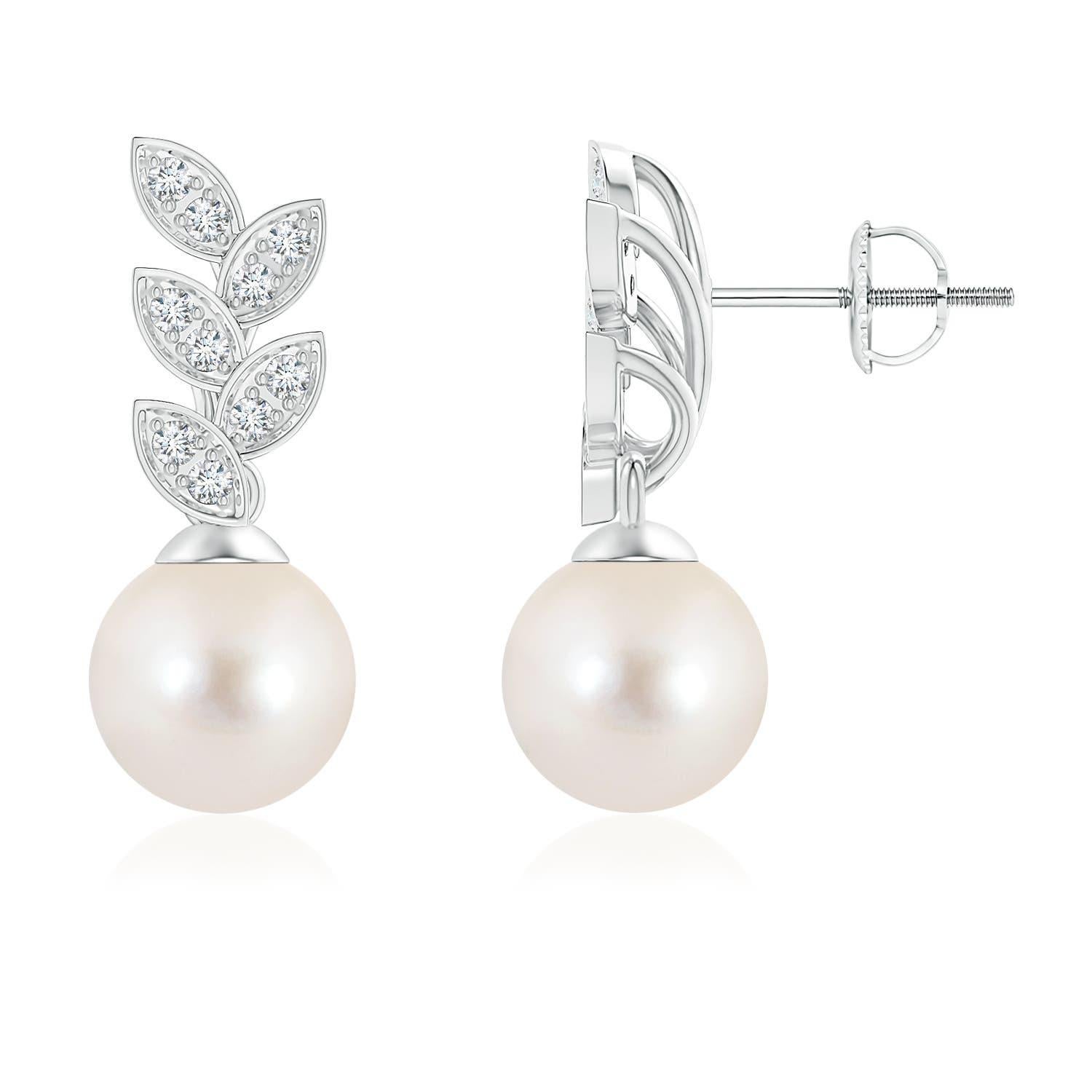 Angara - Boucles d'oreilles feuilles de perles de culture d'eau douce et de diamants en or massif 14K Pour femmes en vente