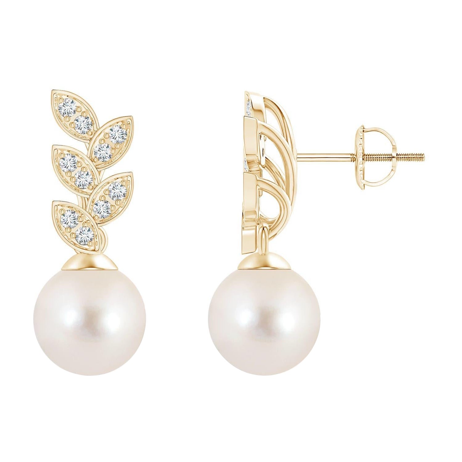 Angara - Boucles d'oreilles feuilles de perles de culture d'eau douce et de diamants en or massif 14K
