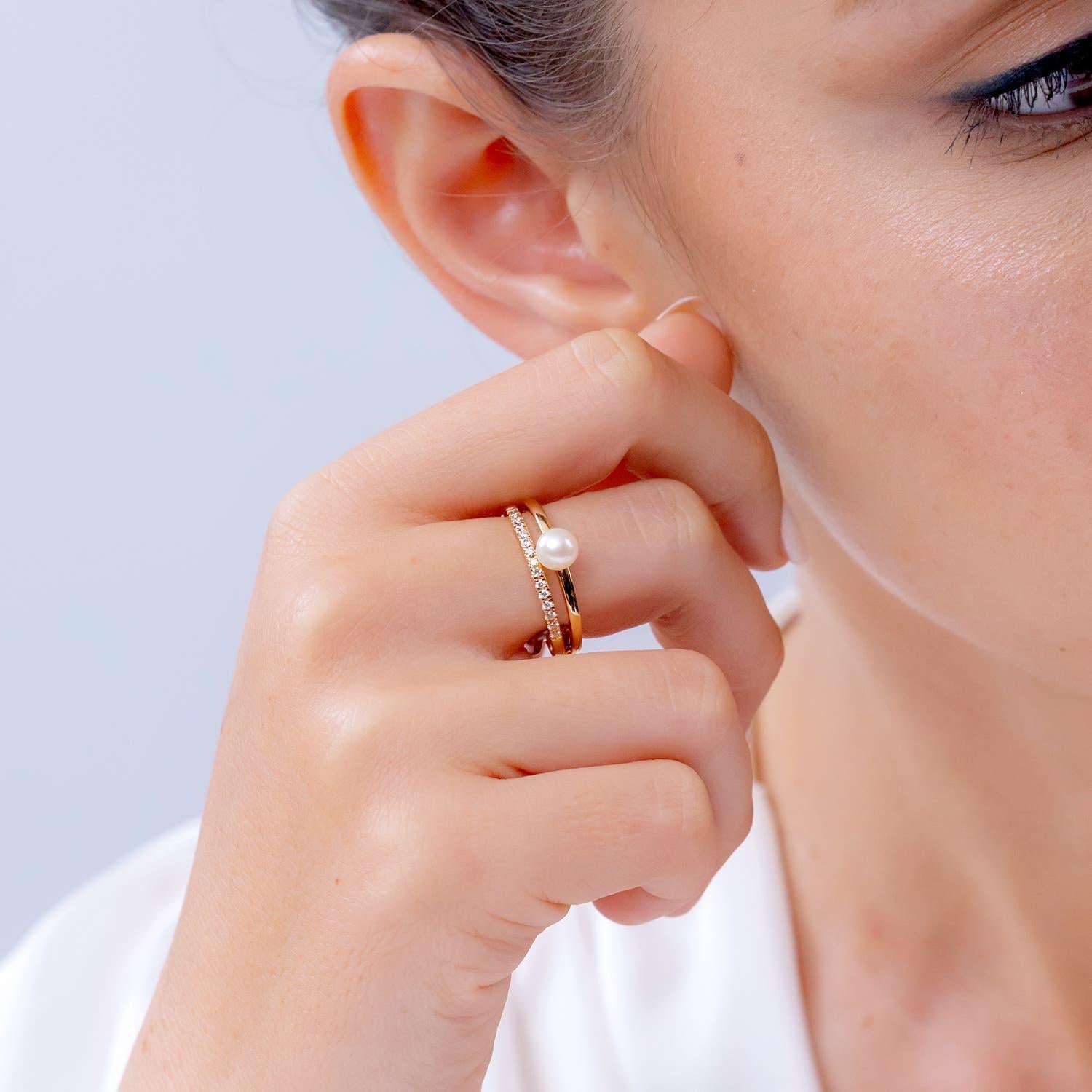 Moderne Angara Bague à double tige en or massif 14 carats avec perles de culture d'eau douce et diamants en vente