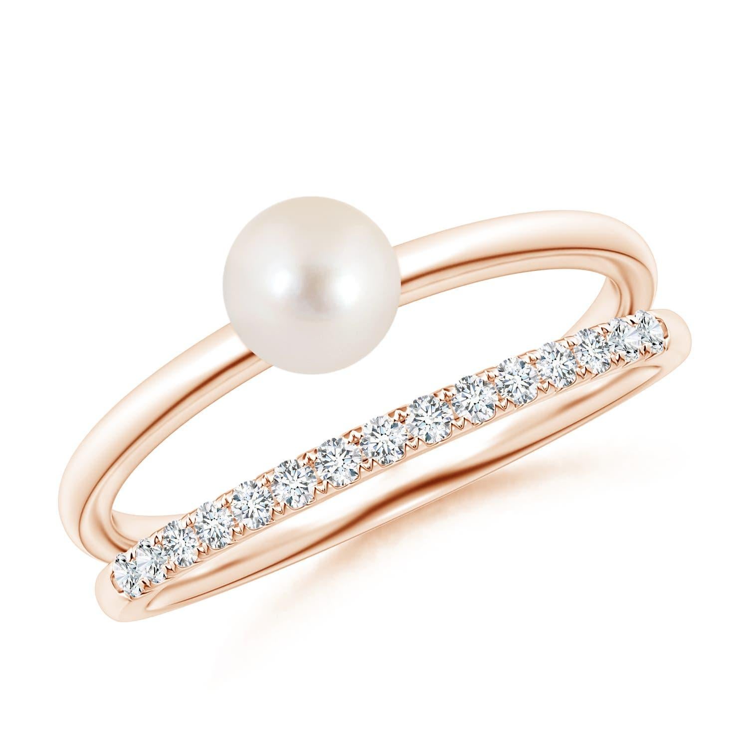 Angara Bague à double tige en or massif 14 carats avec perles de culture d'eau douce et diamants en vente 2