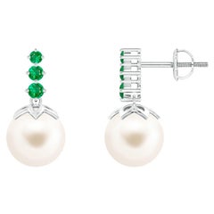 Angara Freshwater Cultured Pearl Earrings with Graduated Emerald in 14K Gold