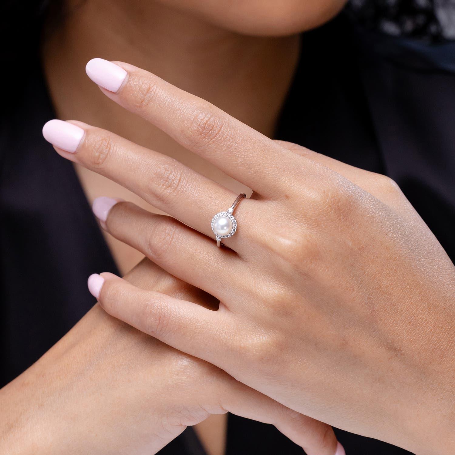 Angara Süßwasser-Zuchtperle Halo Verlobungsring 14K Solid Gold für Frauen (Moderne) im Angebot