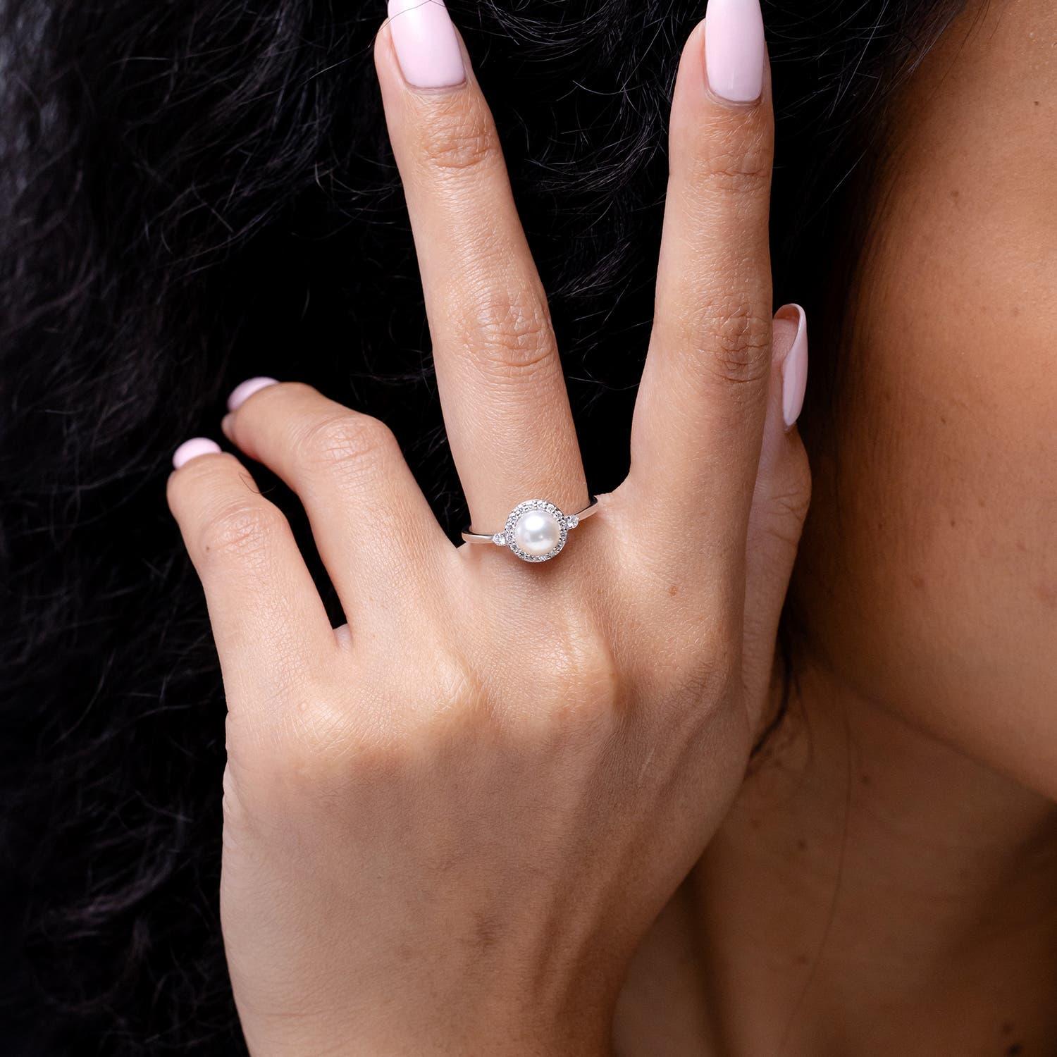 Angara Süßwasser-Zuchtperle Halo Verlobungsring 14K Solid Gold für Frauen im Zustand „Neu“ im Angebot in Los Angeles, CA
