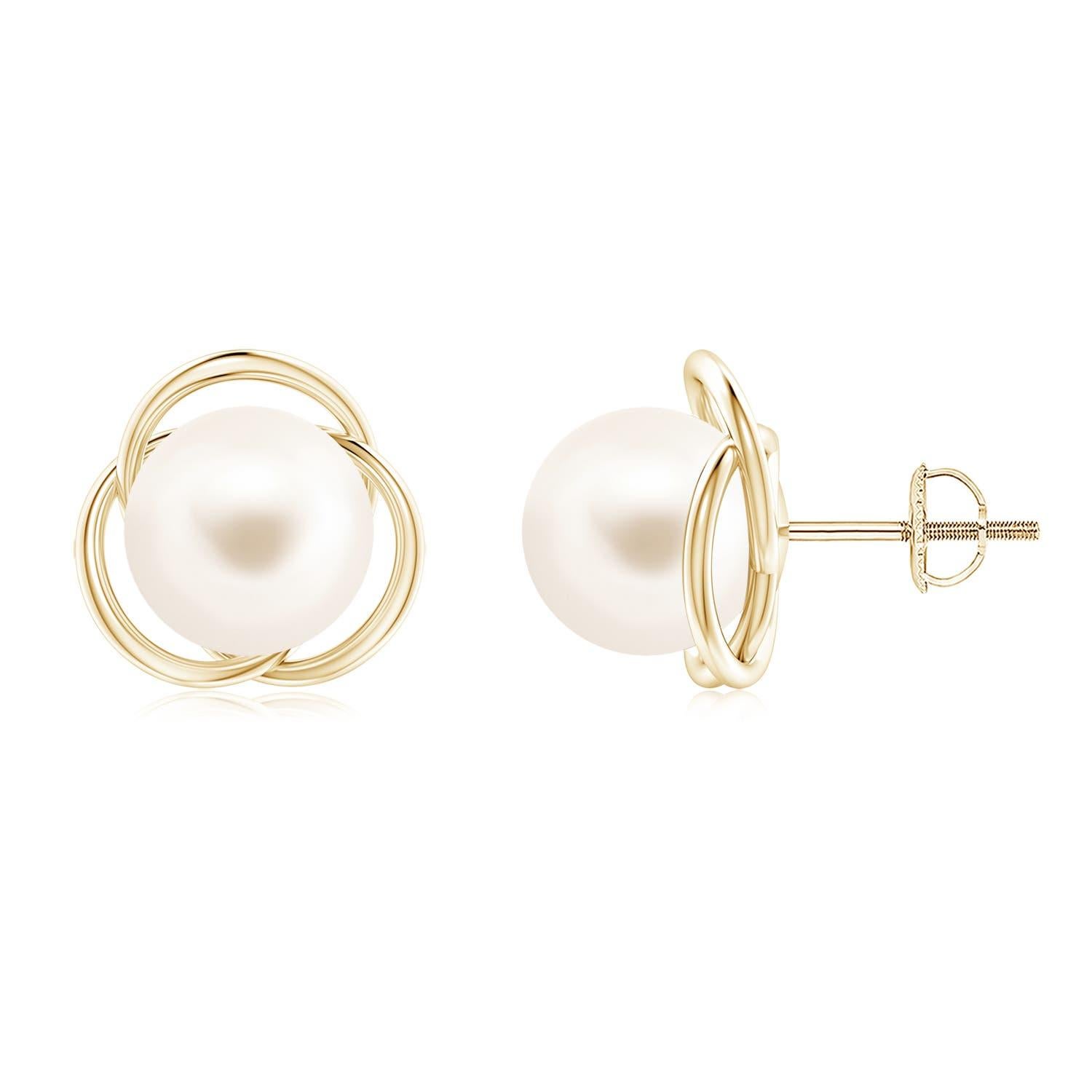 Angara - Boucles d'oreilles en or massif 14 carats avec perles de culture d'eau douce et nœud d'amour pour femmes Pour femmes en vente