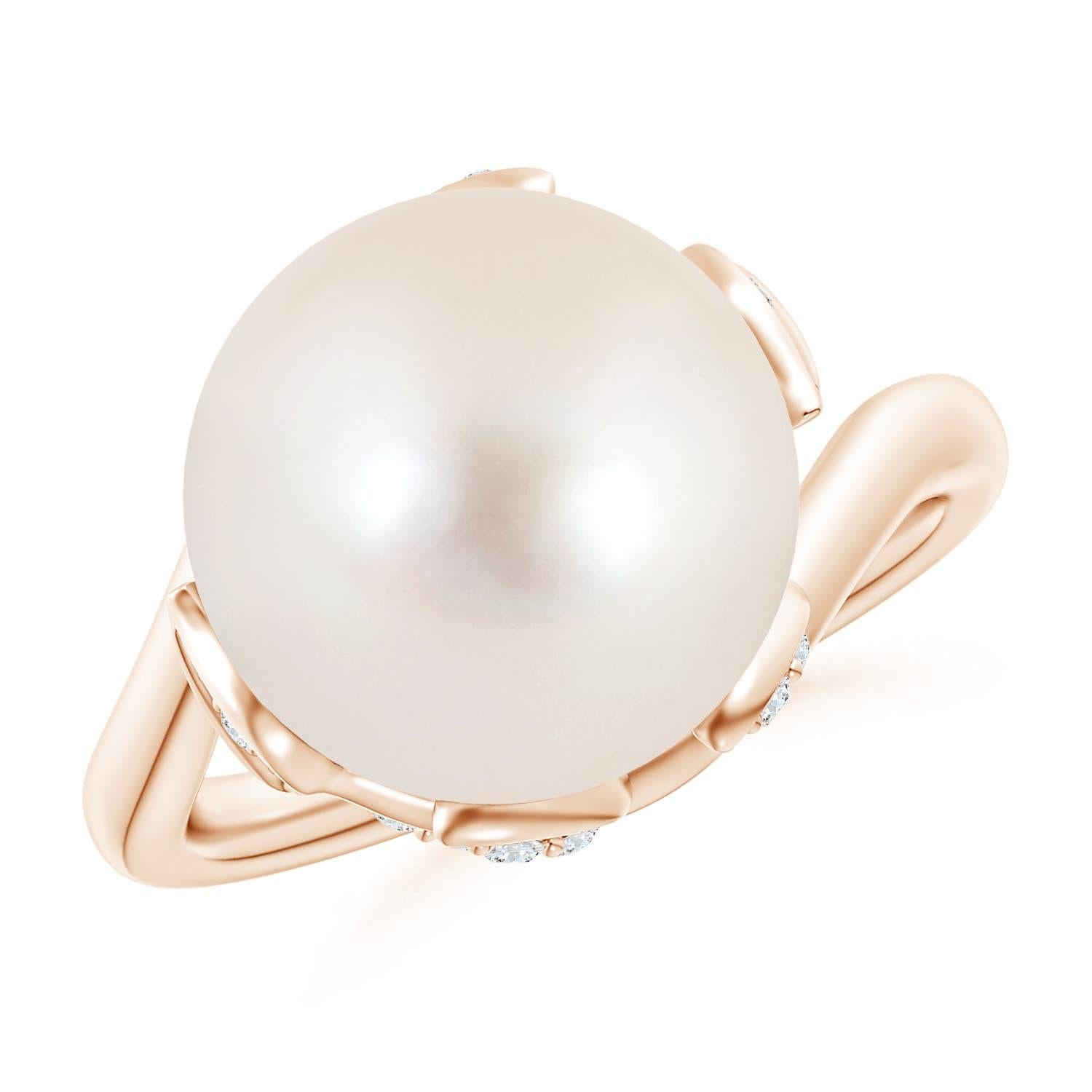Angara Freshwater Cultured Pearl Olive Leaf Bypass Ring in 14K Solid Gold For Sale 4