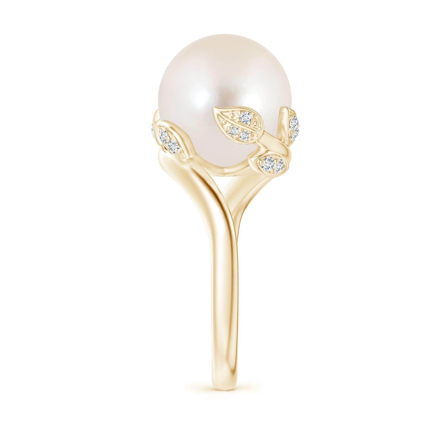 Women's Angara Freshwater Cultured Pearl Olive Leaf Bypass Ring in 14K Solid Gold For Sale