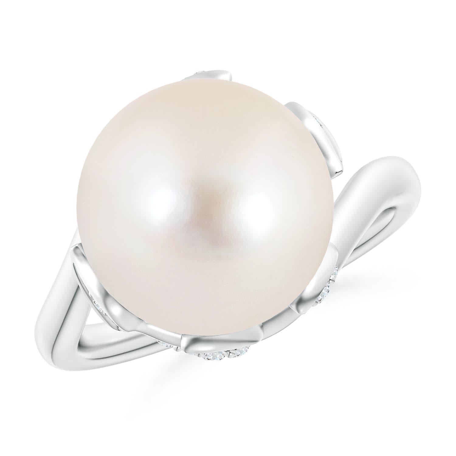 Angara Freshwater Cultured Pearl Olive Leaf Bypass Ring in 14K Solid Gold For Sale 3