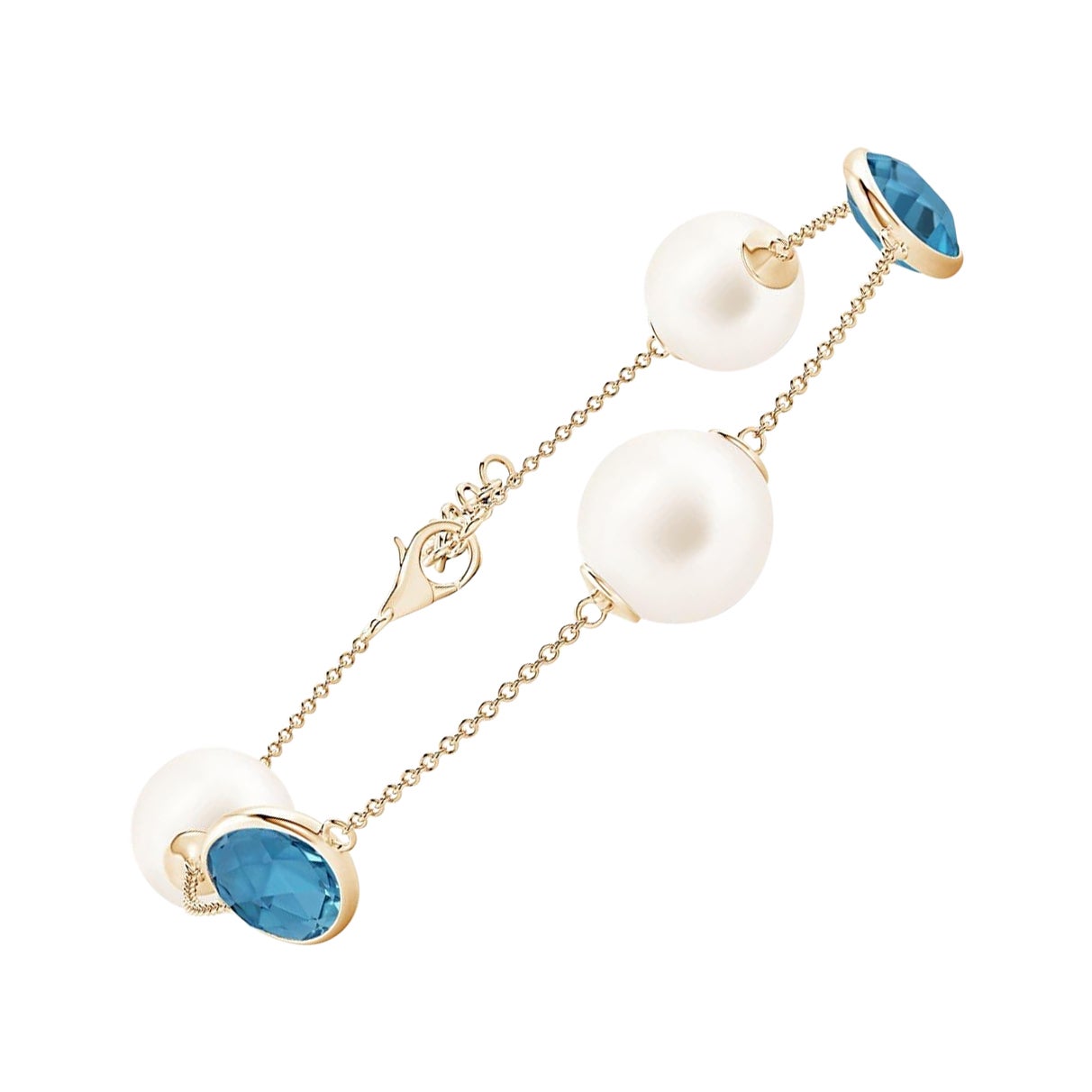 Angara Freshwater Cultured Pearl & Oval London Blue Topaz Bracelet in 14K Gold