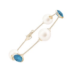 Angara Freshwater Cultured Pearl & Oval London Blue Topaz Bracelet in 14K Gold