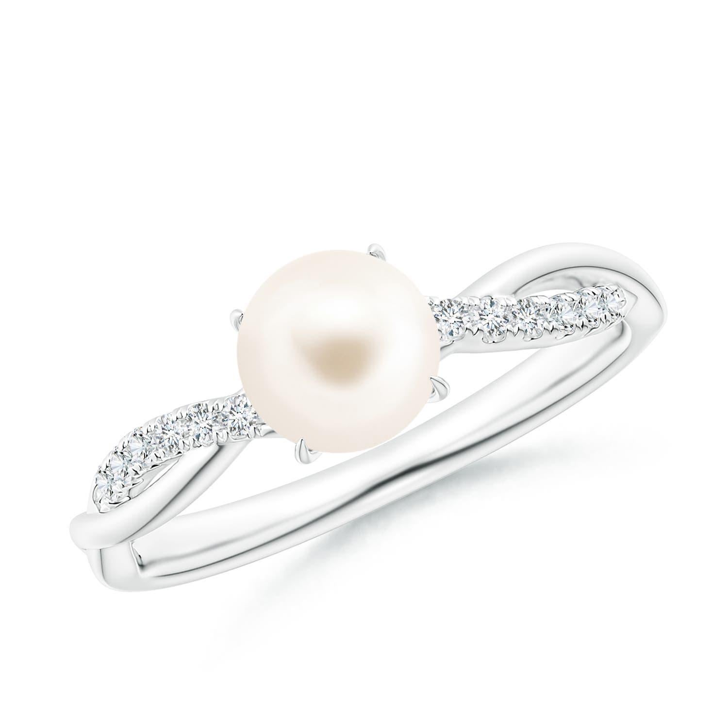 Angara Bague à tige torsadée en perles de culture d'eau douce avec diamants Or massif 14K en vente 2