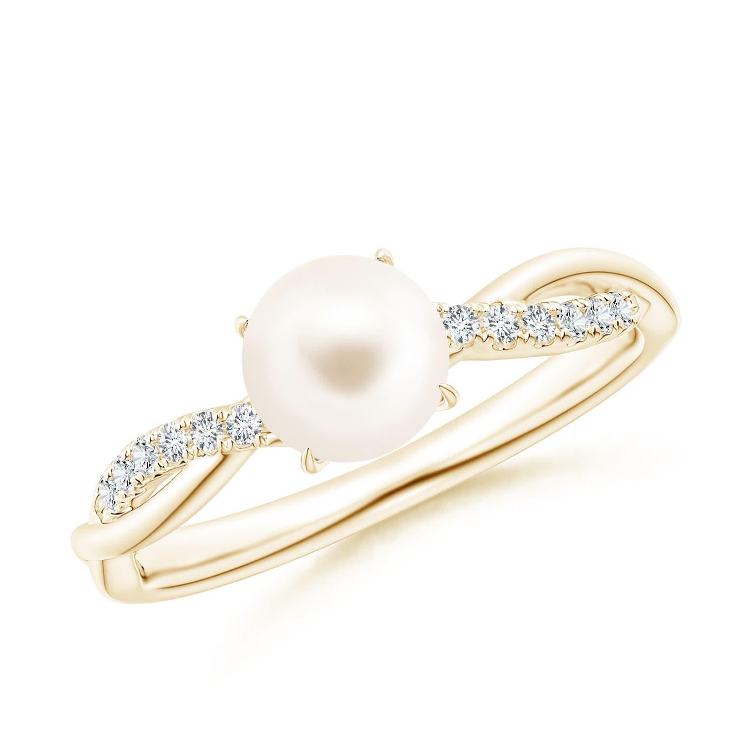 Angara Bague à tige torsadée en perles de culture d'eau douce avec diamants Or massif 14K en vente 3