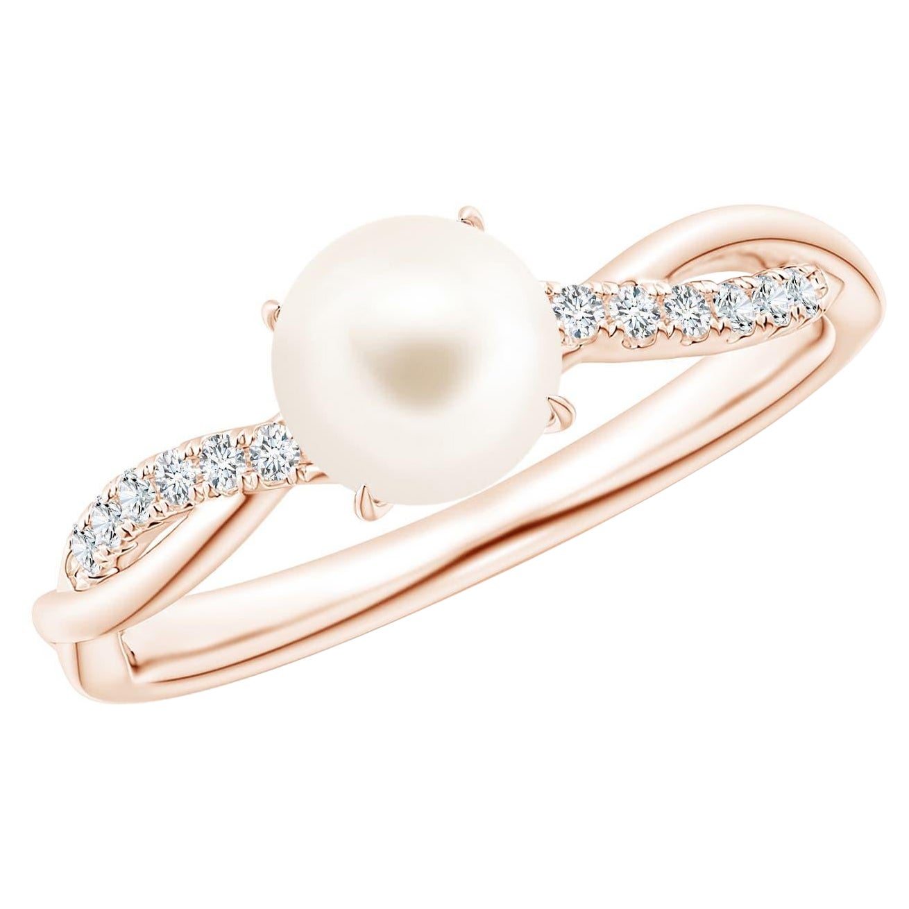 Anello con gambo a tortiglione con perle d'acqua dolce di Angara e diamanti in oro massiccio 14K