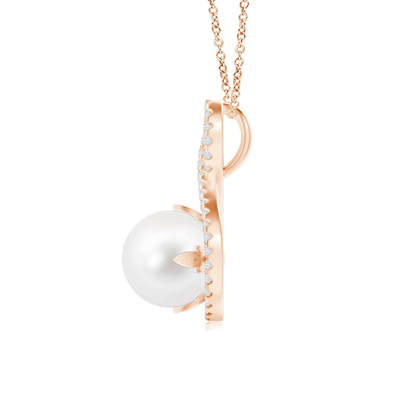 Für einen formellen, aber glamourösen Look wählen Sie diesen Perlen-Solitär-Anhänger aus 14 Karat Roségold. Diamanten schmücken den unendlichen Twist-Rahmen, in dem eine glänzende, runde, mit Stiften besetzte Süßwasser-Zuchtperle in Weiß sitzt.