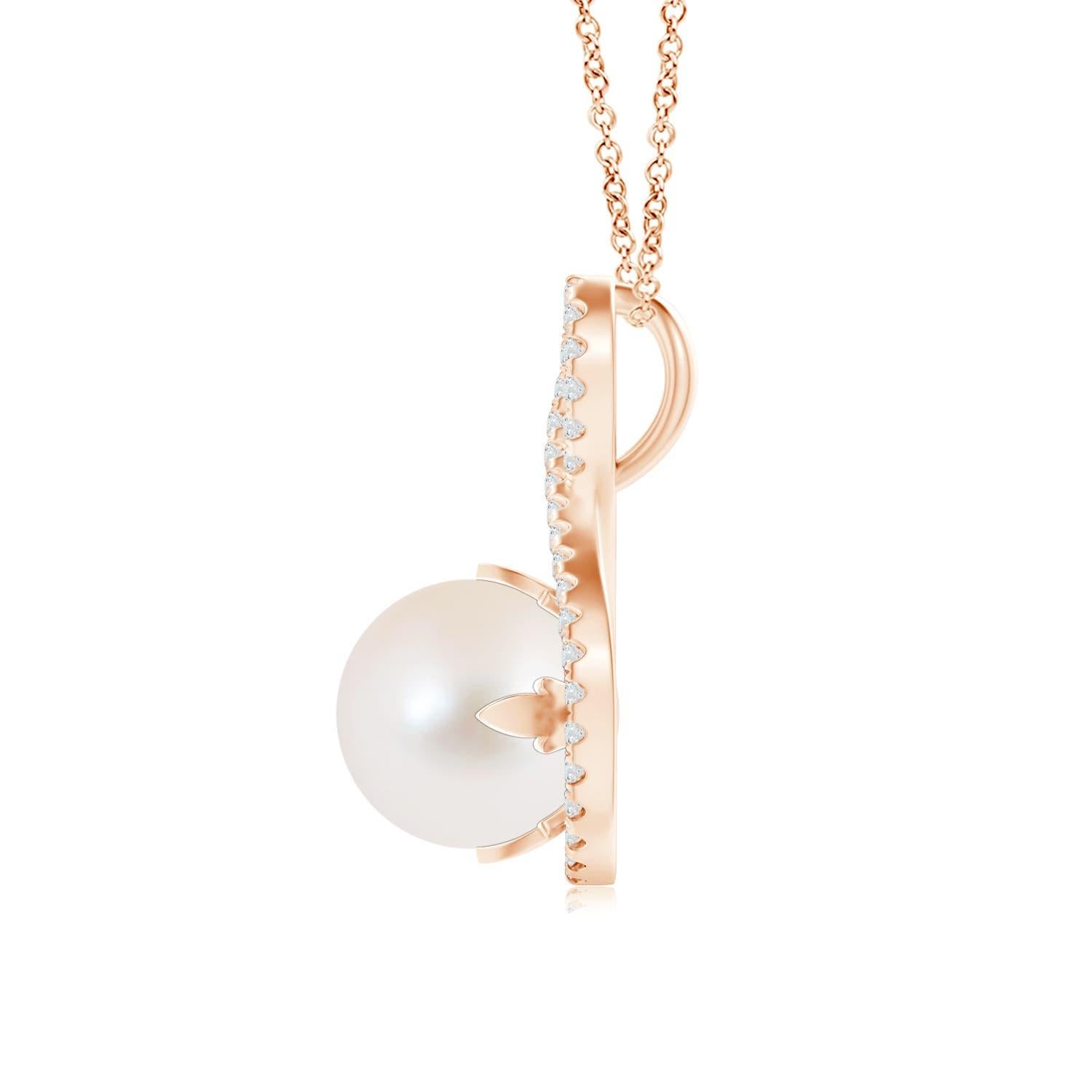 For a formal but glamorous look, choose this pearl solitaire pendant in 14K rose gold. Diamonds adorn the infinity twist frame, within which sits a lustrous round peg-set Freshwater cultured pearl in white. Style this exquisitely crafted pearl and