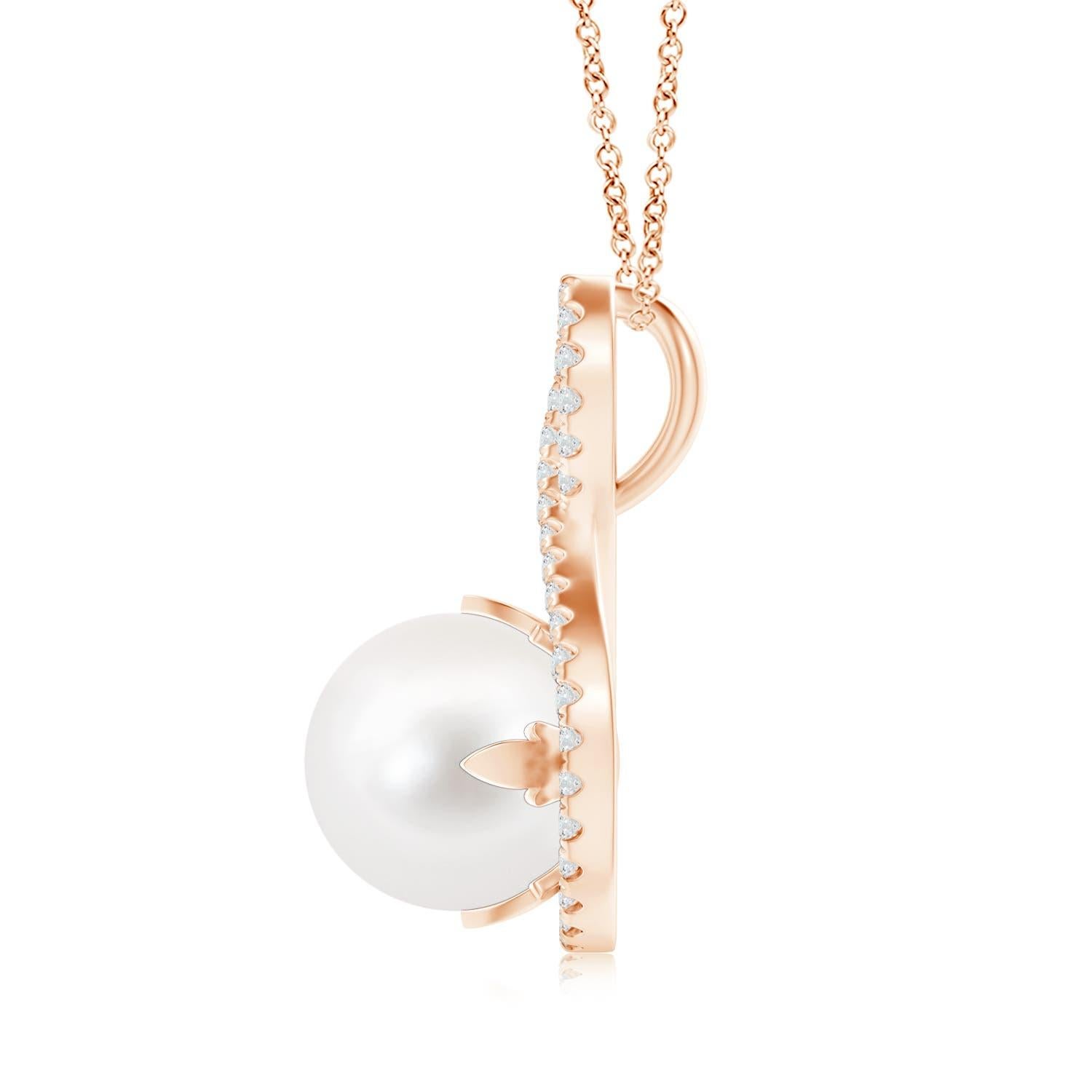 Für einen formellen, aber glamourösen Look wählen Sie diesen Perlen-Solitär-Anhänger aus 14 Karat Roségold. Diamanten schmücken den unendlichen Twist-Rahmen, in dem eine glänzende, runde, mit Stiften besetzte Süßwasser-Zuchtperle in Weiß sitzt.