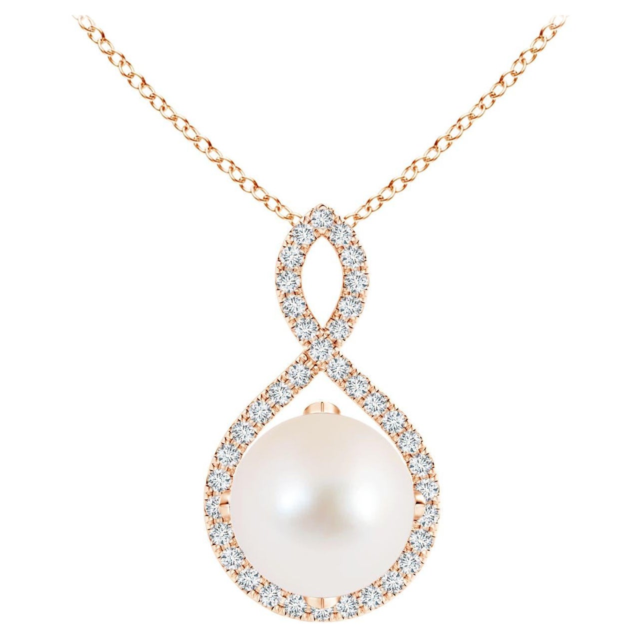 Angara Freshwater Pearl and Diamond Infinity Twist Pendant in 14K Rose Gold For Sale