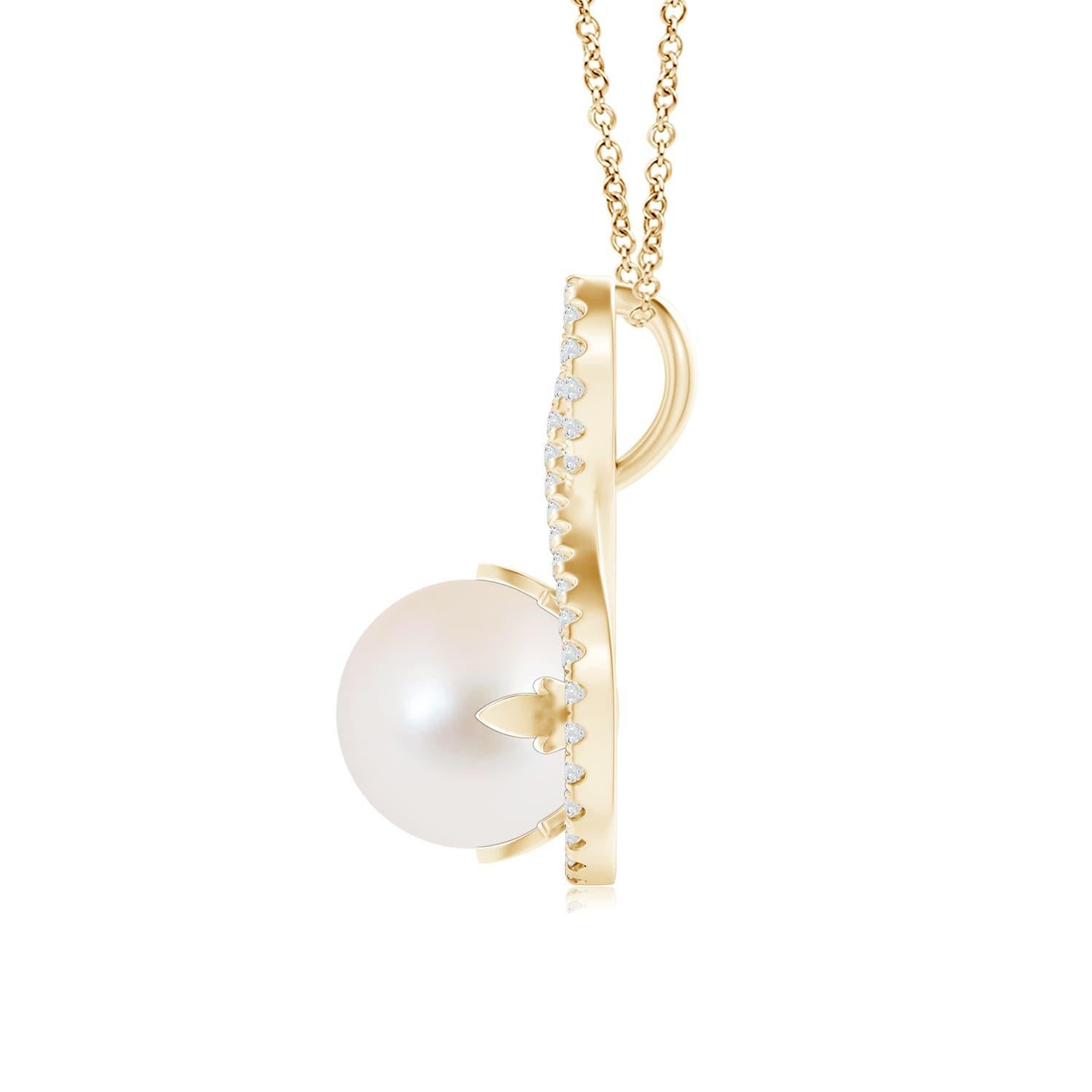 For a formal but glamorous look, choose this pearl solitaire pendant in 14K yellow gold. Diamonds adorn the infinity twist frame, within which sits a lustrous round peg-set Freshwater cultured pearl in white. Style this exquisitely crafted pearl and