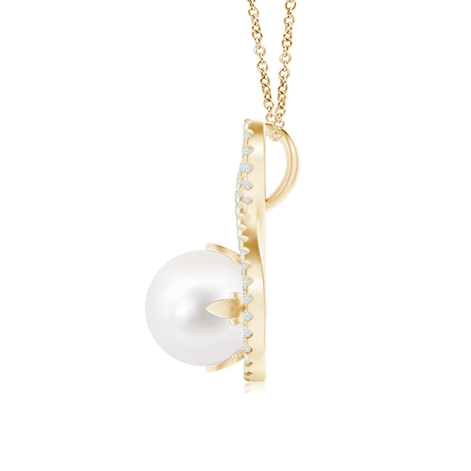 For a formal but glamorous look, choose this pearl solitaire pendant in 14K yellow gold. Diamonds adorn the infinity twist frame, within which sits a lustrous round peg-set Freshwater cultured pearl in white. Style this exquisitely crafted pearl and