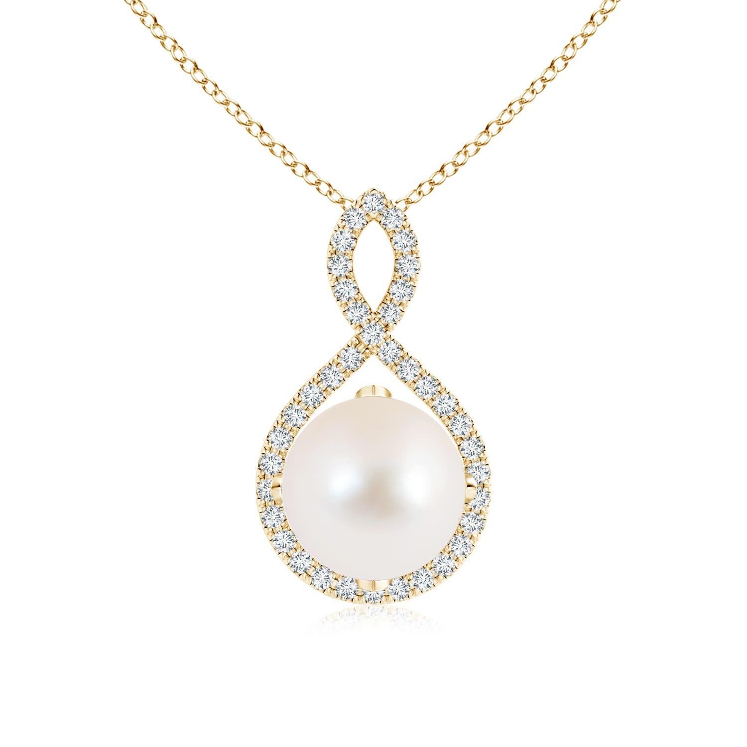 Angara Freshwater Pearl and Diamond Infinity Twist Pendant in 14K Yellow Gold