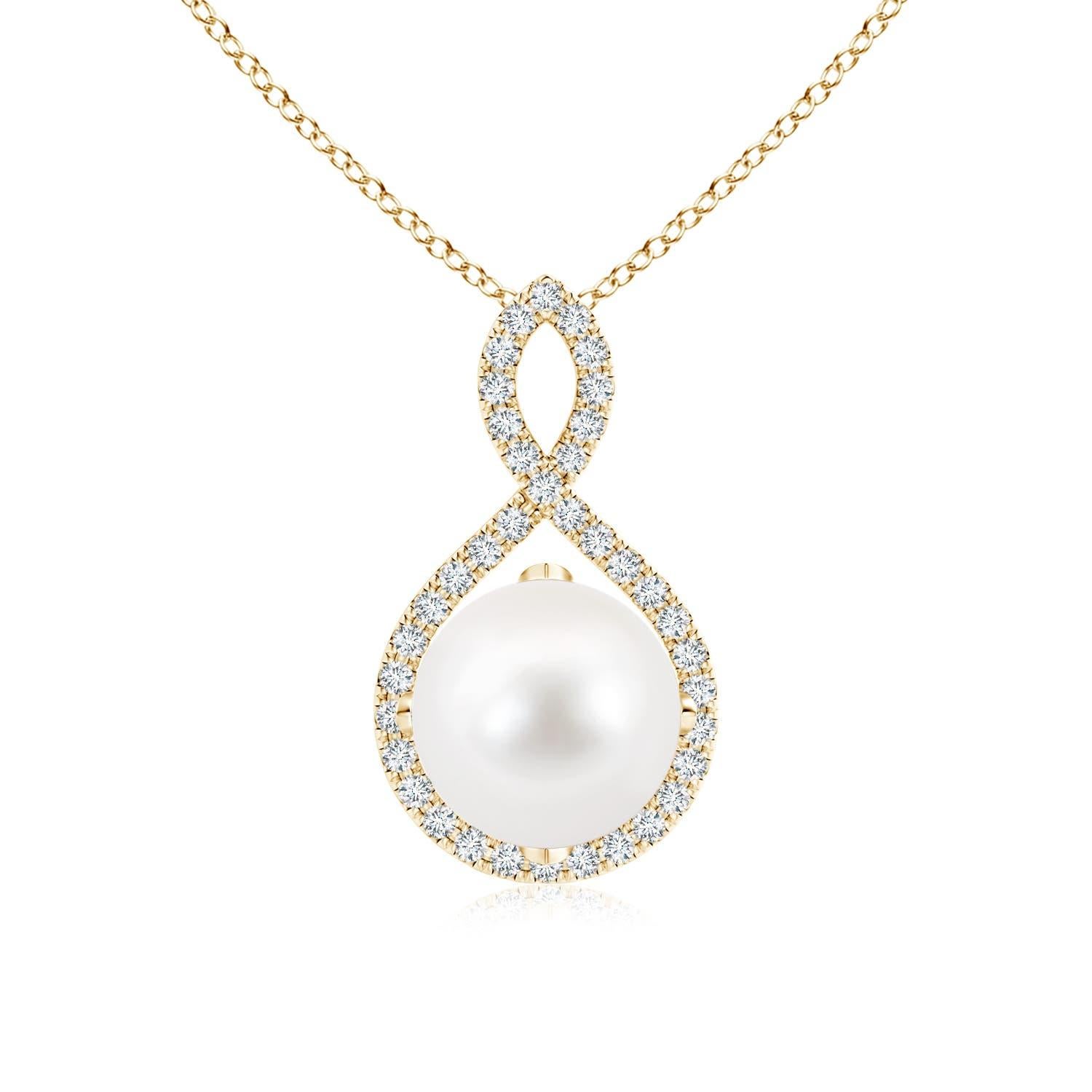 Angara Freshwater Pearl and Diamond Infinity Twist Pendant in 14K Yellow Gold