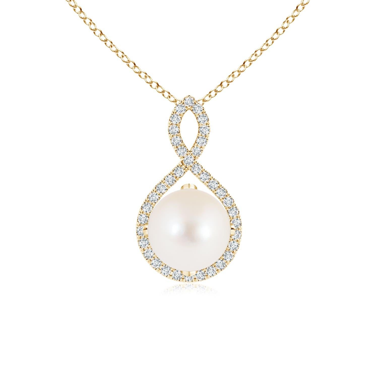Angara Freshwater Pearl and Diamond Infinity Twist Pendant in 14K Yellow Gold