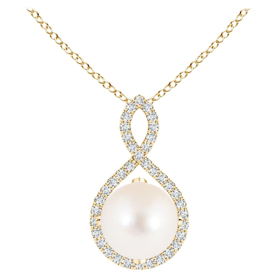 Angara Freshwater Pearl and Diamond Infinity Twist Pendant in 14K Yellow Gold