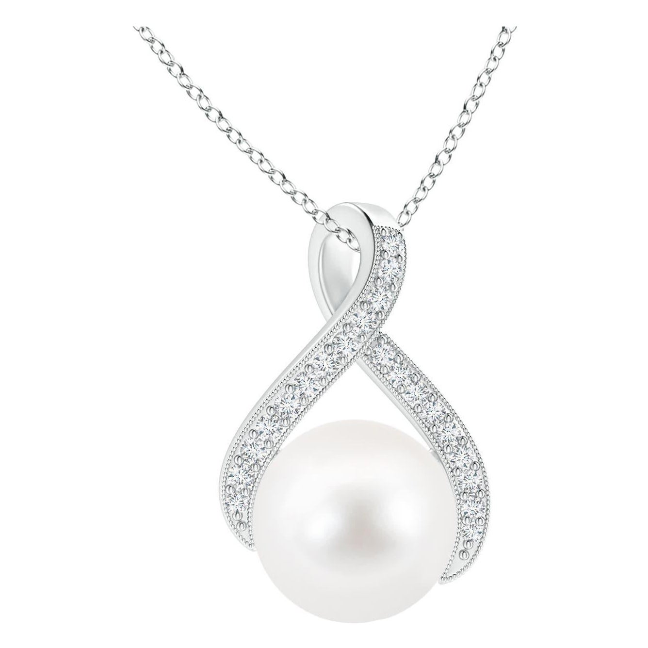 Colgante de cinta en espiral de perlas de agua dulce Angara con diamantes en oro blanco de 14 quilates