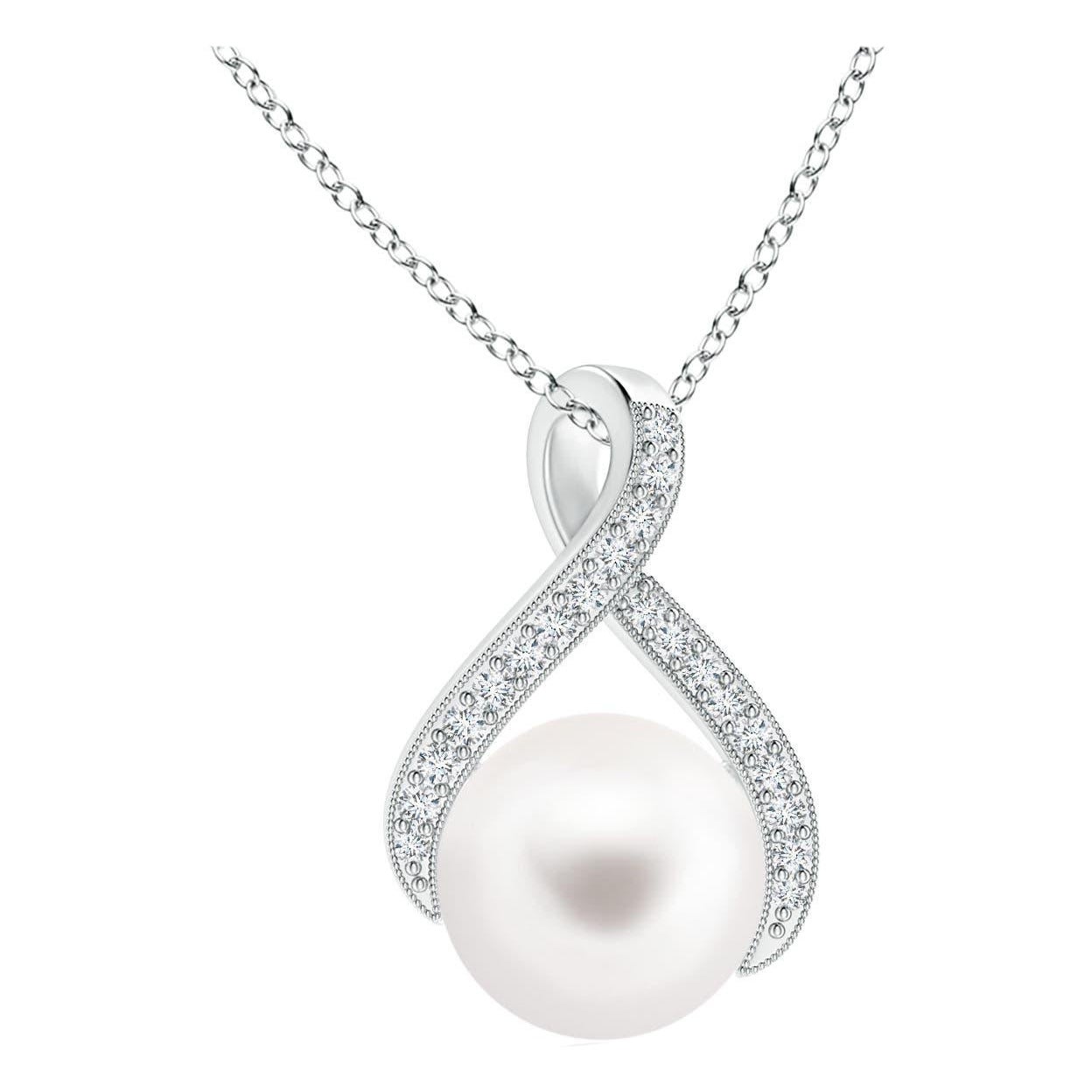 Colgante de cinta en espiral de perlas de agua dulce Angara con diamantes en oro blanco de 14 quilates en venta