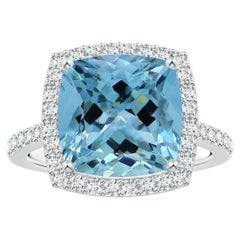 Angara Gia Certified Aquamarine Halo Ring in Platinum with Diamond Accents